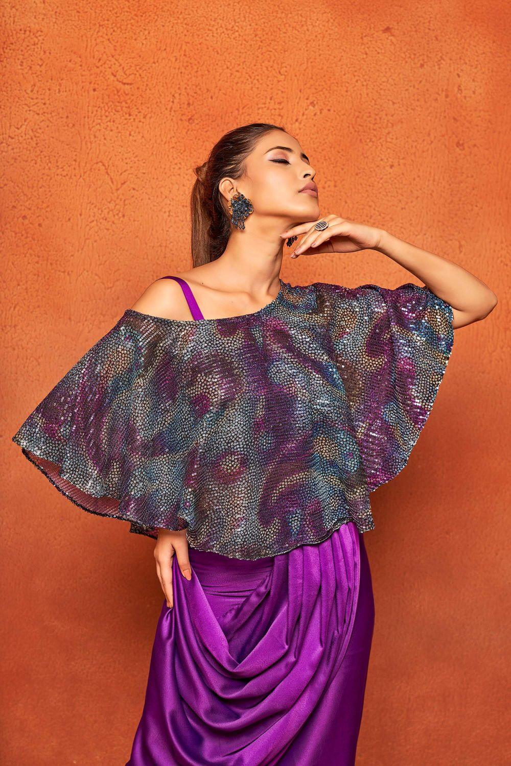 Multi Geometric Print Poncho Top Dhoti Skirt Co-ord Set - Curvy Lane