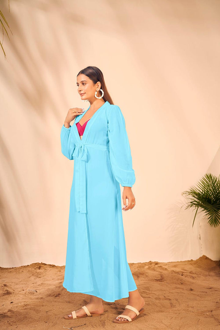 Sky Blue Bishop Sleeves Beach Wear Lightweight Cover Up Dress - Curvy Lane