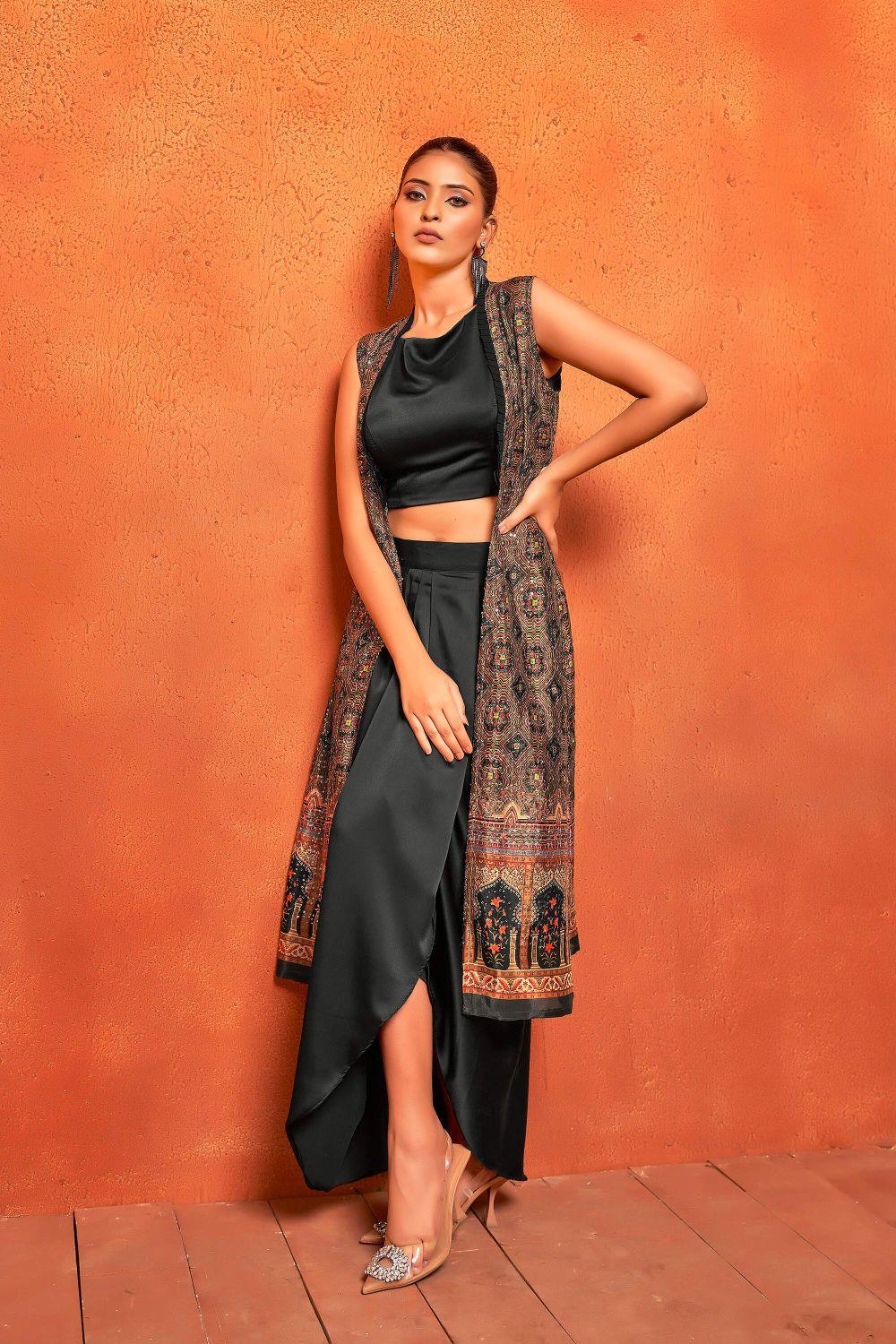 Rich Black Ethnic Print Dhoti Skirt Long Straight Shrug Co-ord Set - Curvy Lane