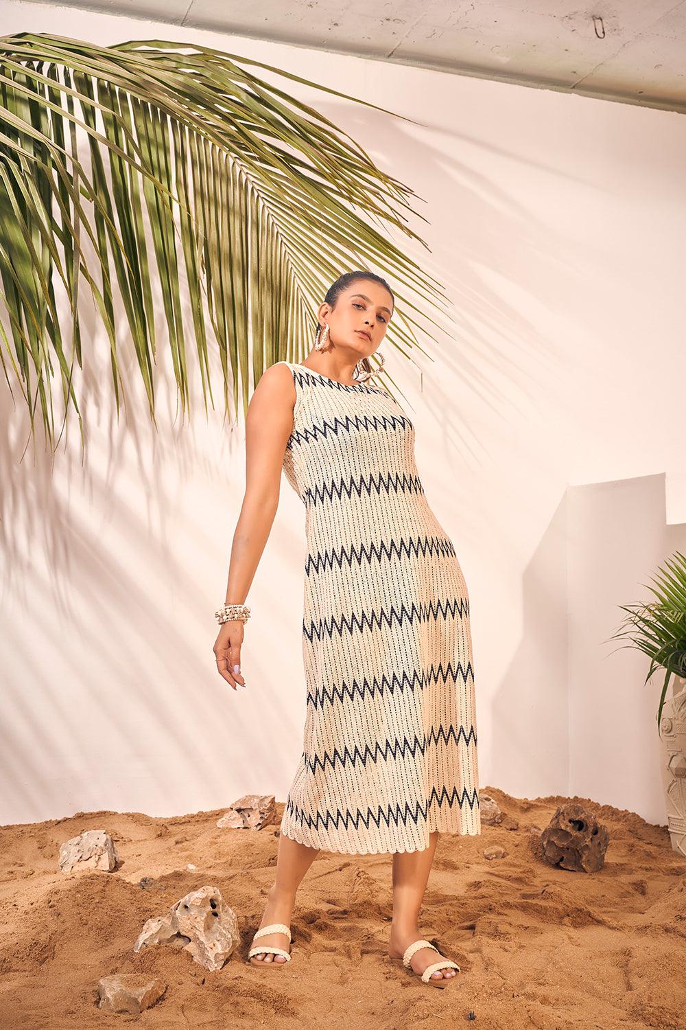 Off White Sleeveless Zig Zag Knitted Beach Wear Midi Dress - Curvy Lane