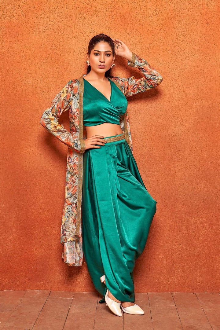 Teal Green Leaf Print Dhoti Skirt Long Flaired Shrug Co-ord Set - Curvy Lane