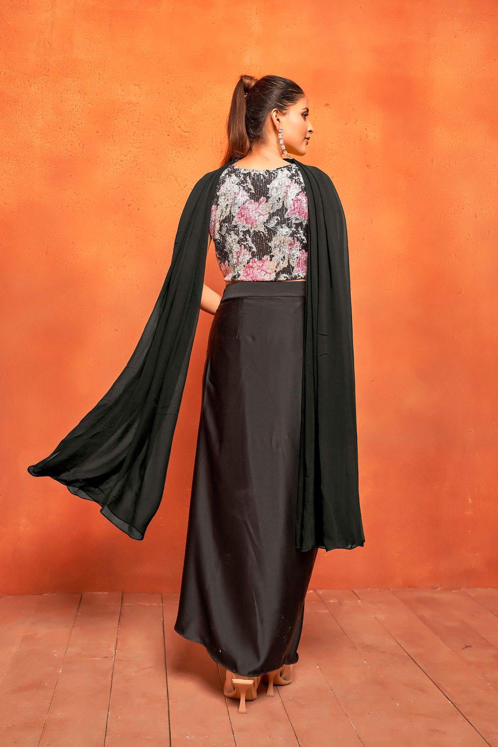 Black Floral Print Dhoti Skirt Crop Top Dupatta Co-ord Set - Curvy Lane