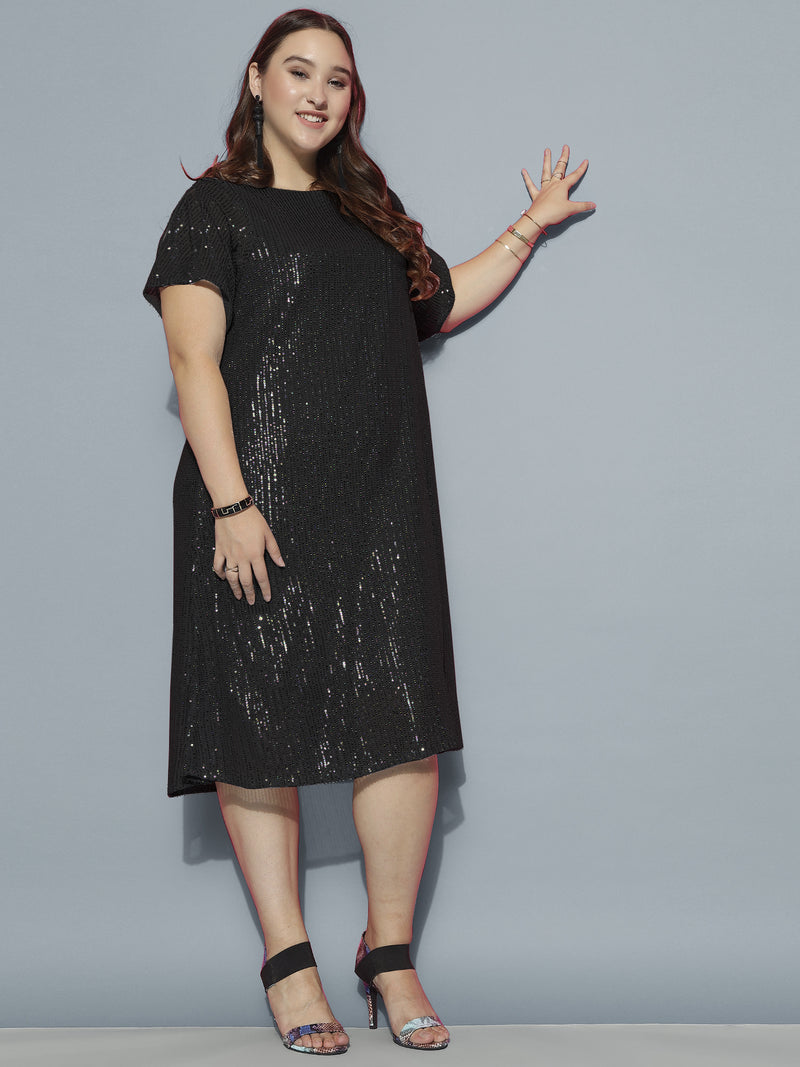 Black Boat Neck Sequins Dress with Slit Sleeves