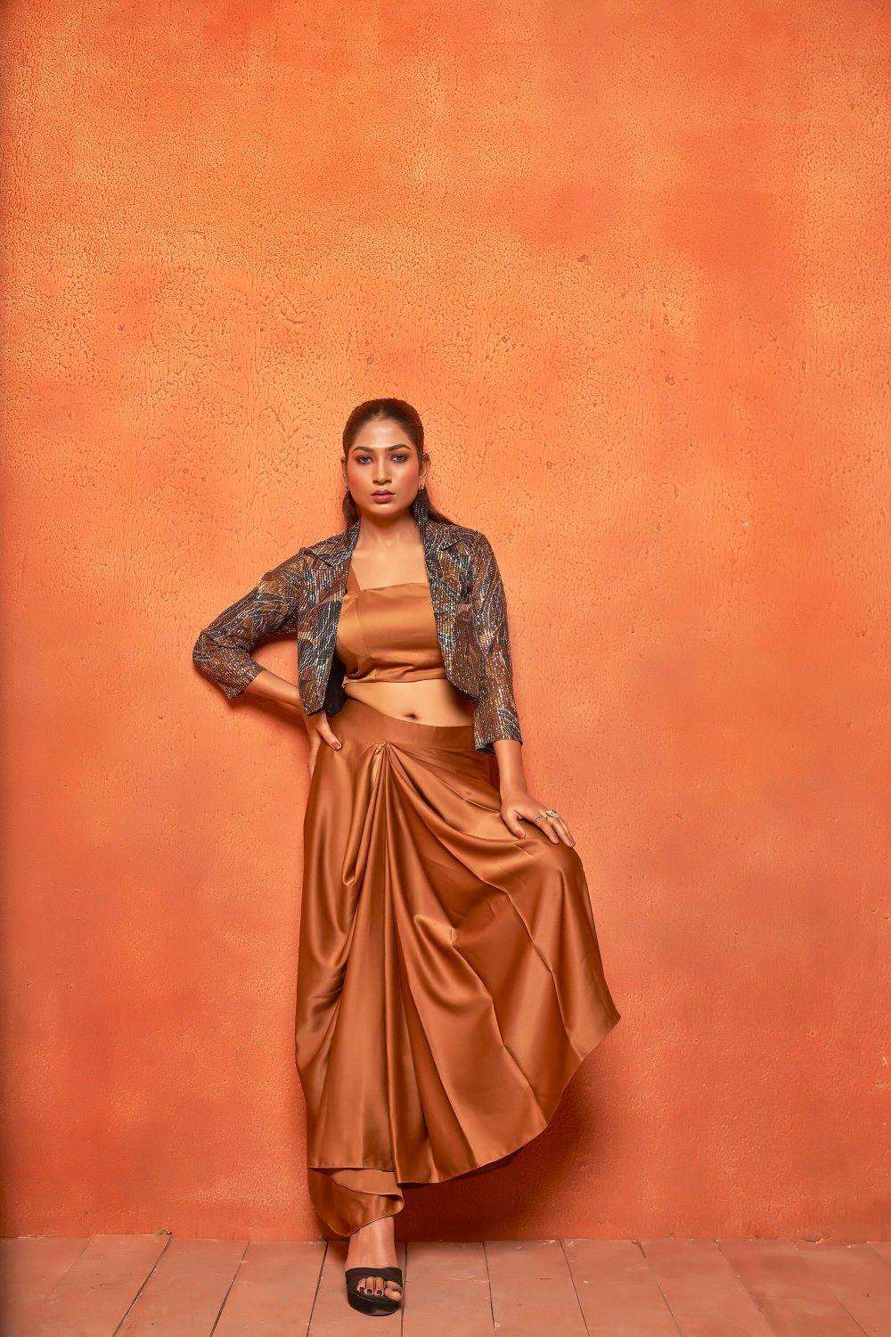 Camel Brown Leaf Print Dhoti Skirt Shrug Co-ord Set - Curvy Lane