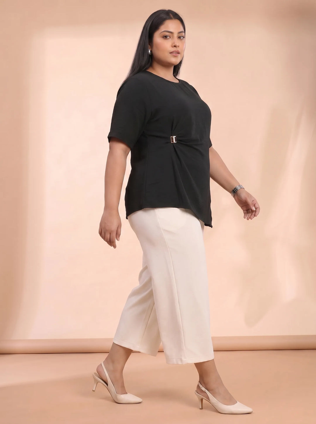 Black asymmetric casual top for women