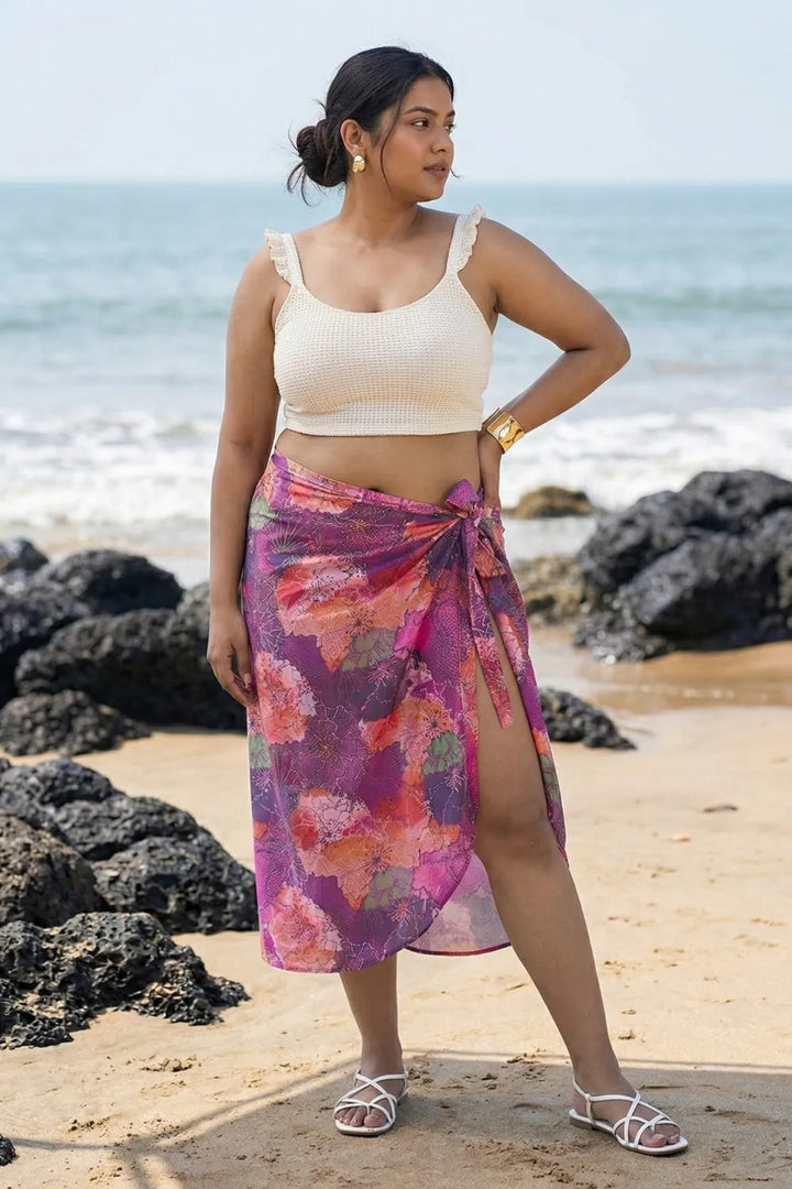 Floral pink sarong wrap skirt with an off-white crop top