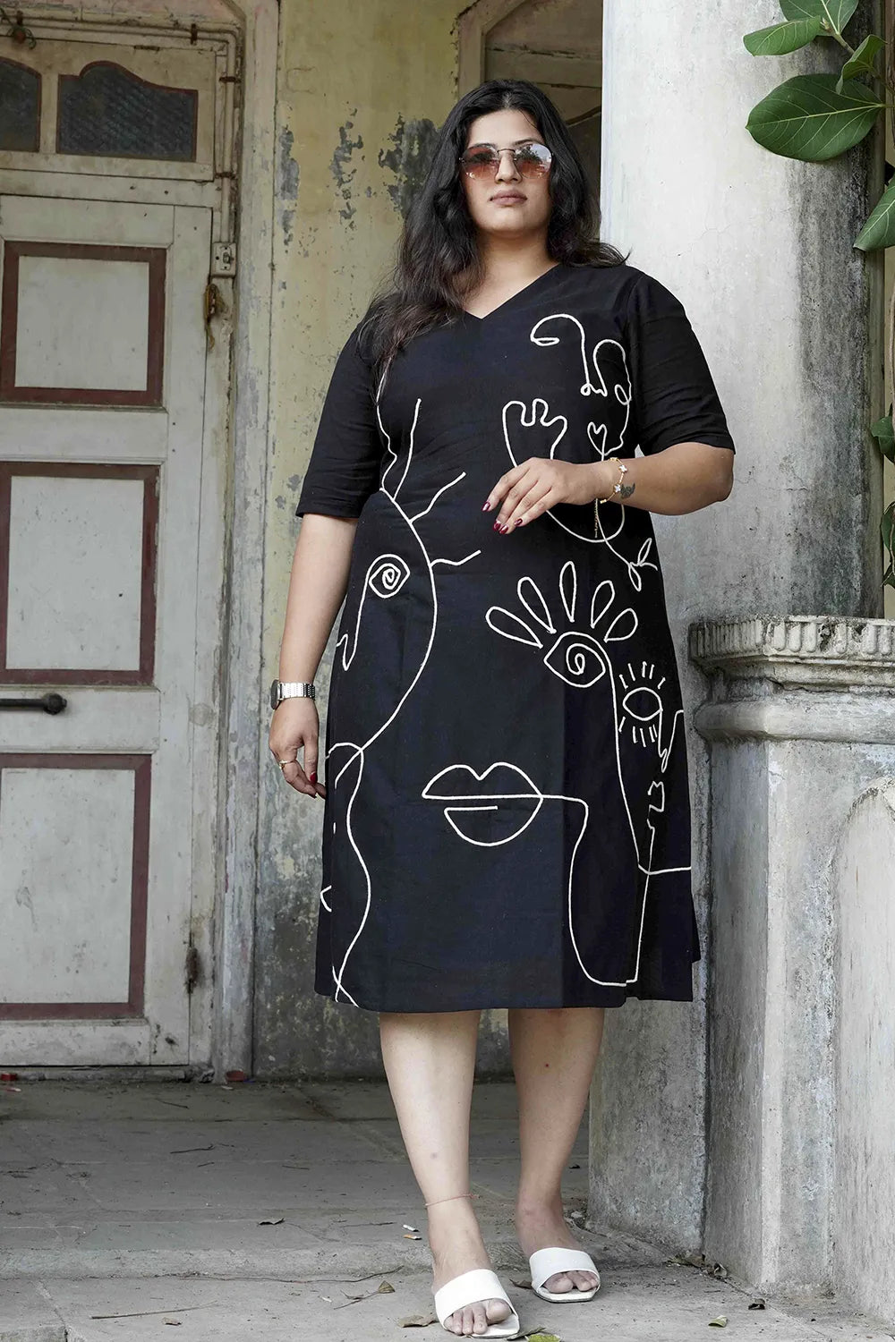 Black Cotton Dress with Cord Embroidery