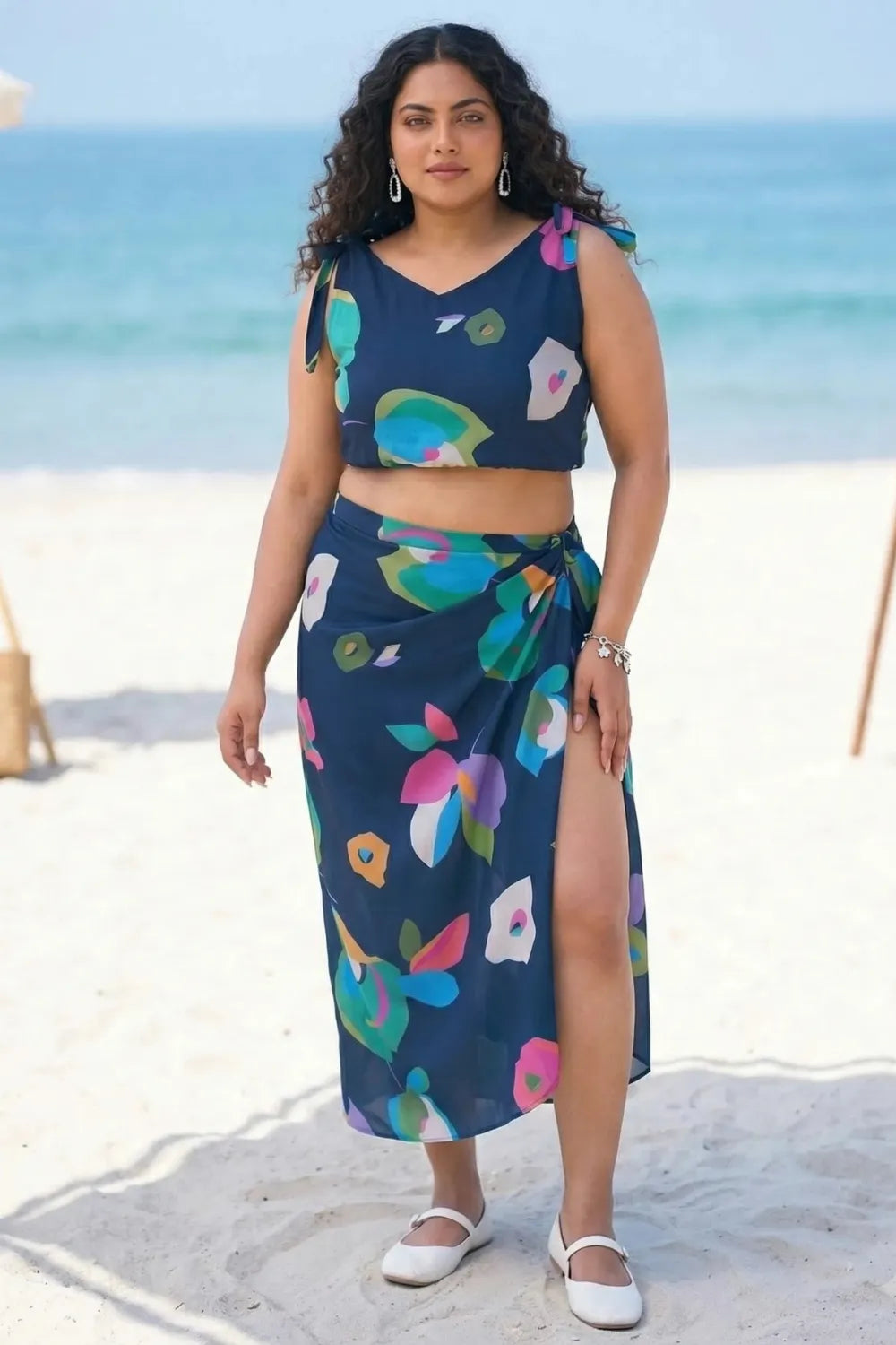 Navy blue beach wrap dress with floral tie-up sarong and top