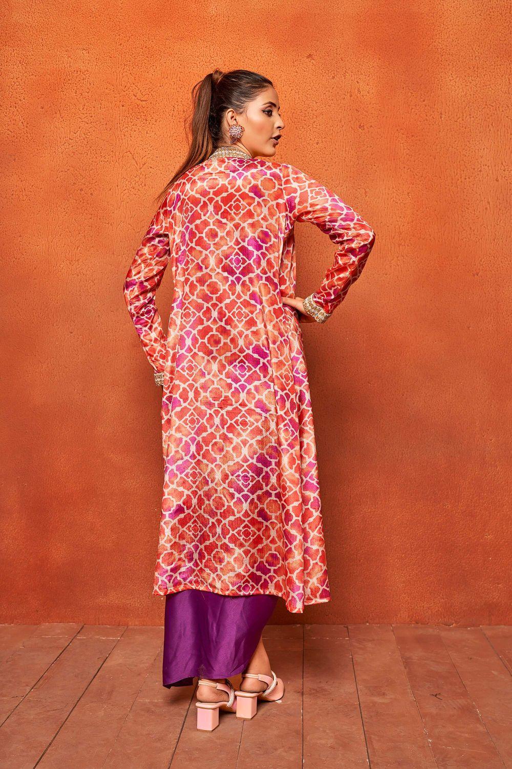 Violet Ethnic Print Dhoti Skirt Long Shrug Co-ord Set - Curvy Lane