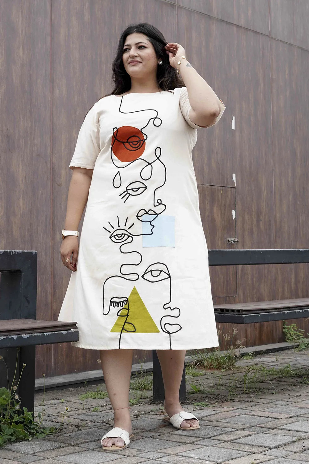 Off White Summer Dress With Cord Work