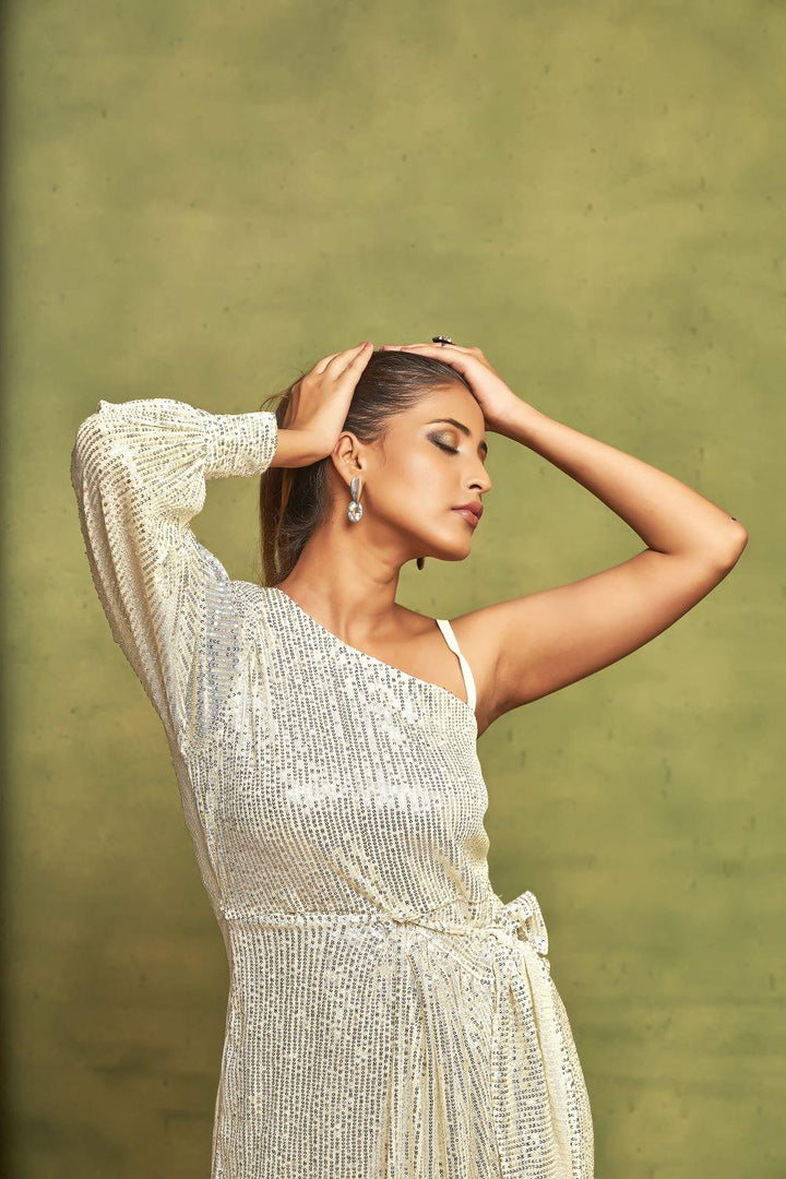 Pearl White Sequin Dress | One-Shoulder A-Line with Bishop Sleeves - Curvy Lane