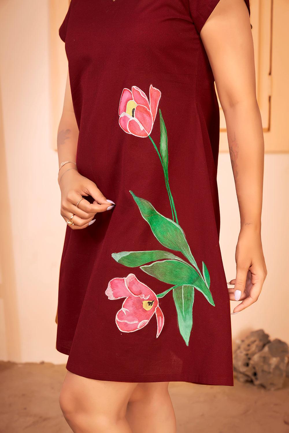 Hand Painted Floral Summer A Line Dress - Curvy Lane