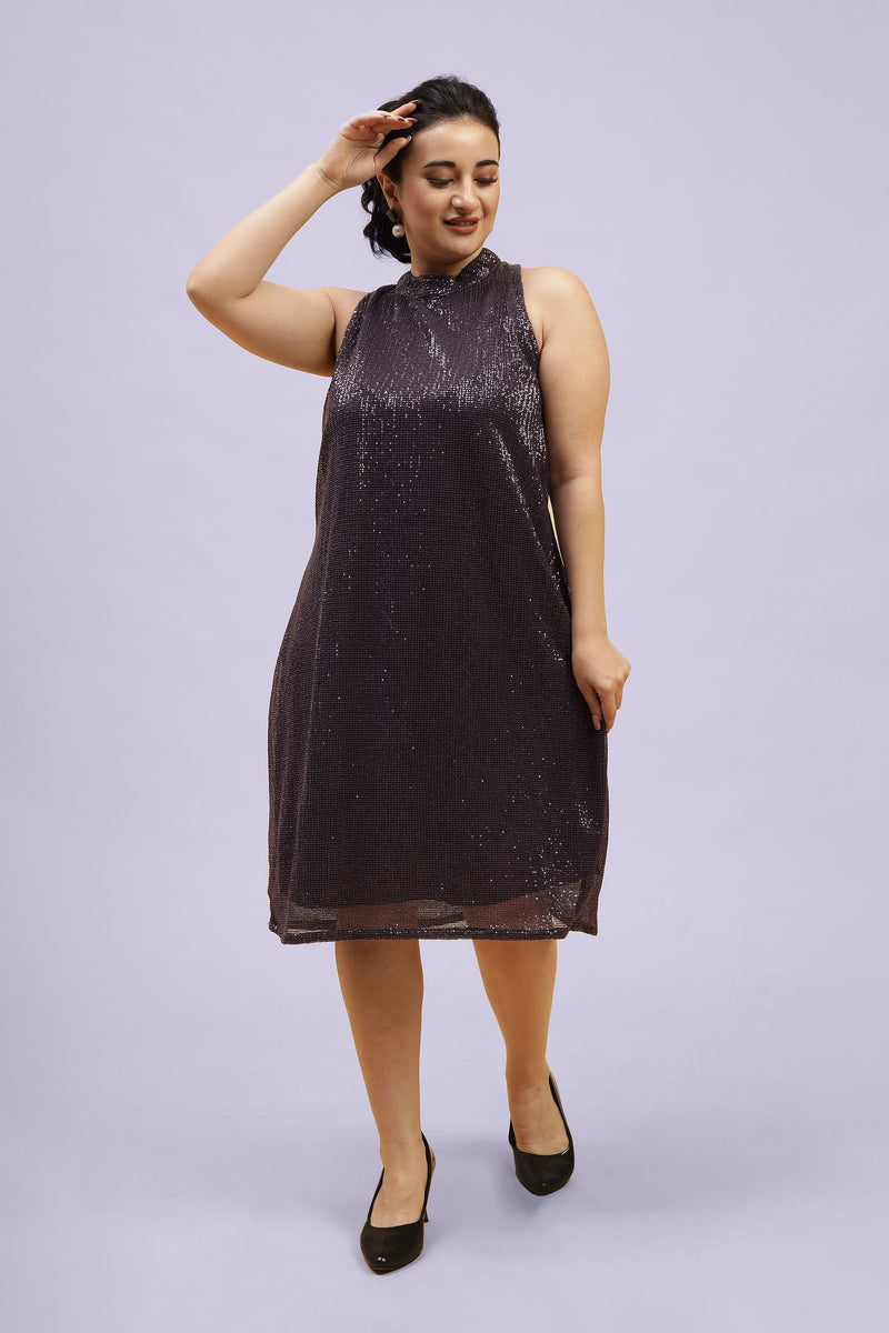 High Neck Embellished Sequined A-line Midi Dress Front Pose
