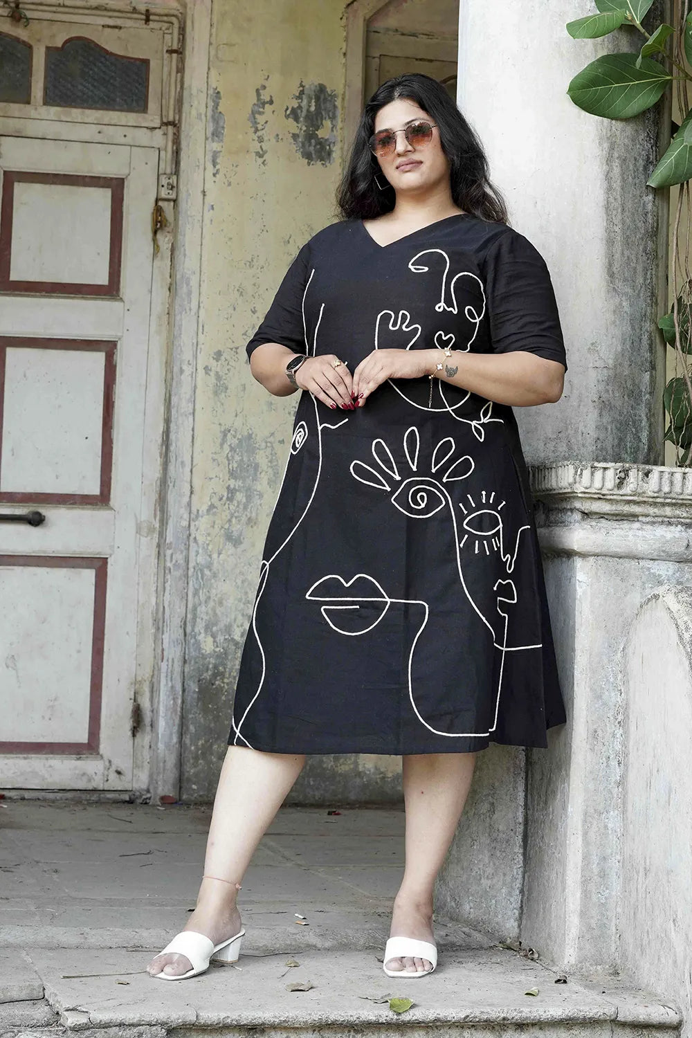 Black Cotton Dress with Cord Embroidery