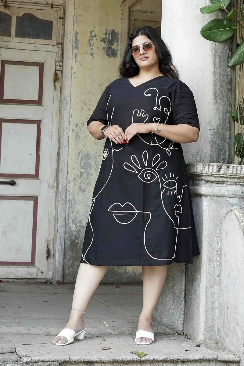Black Cotton Dress with Cord Embroidery