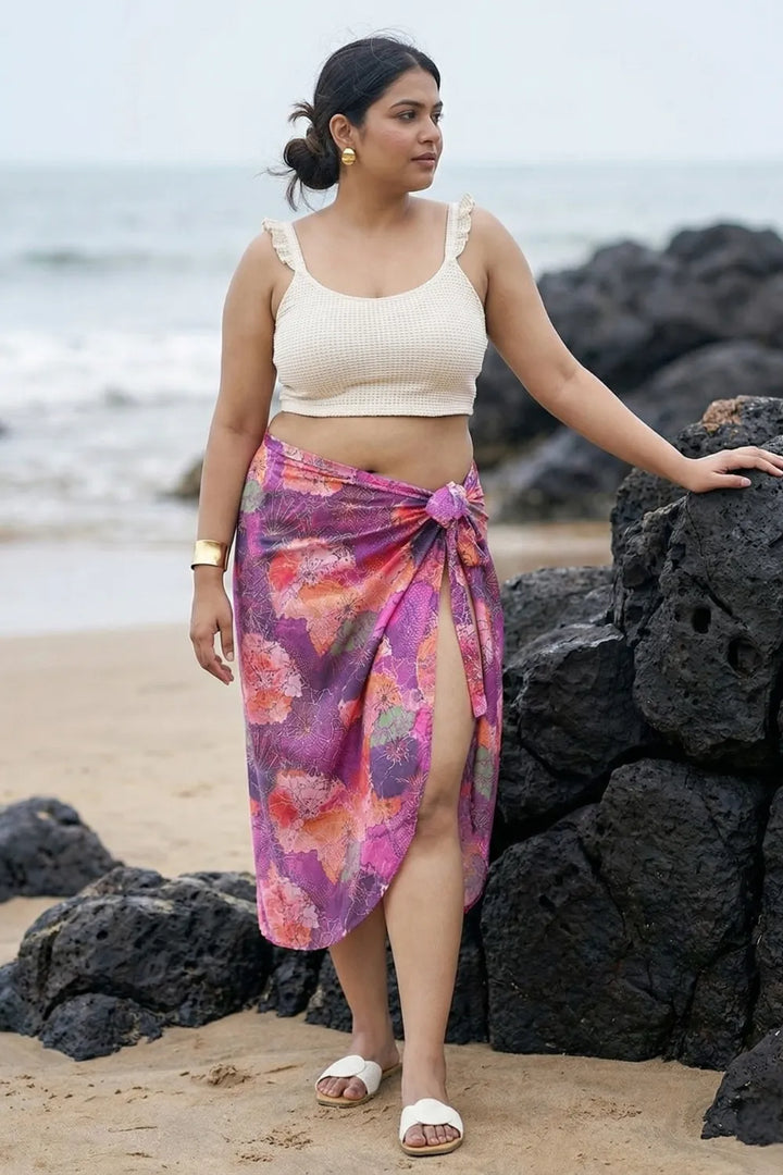 Floral pink sarong wrap skirt with an off-white crop top