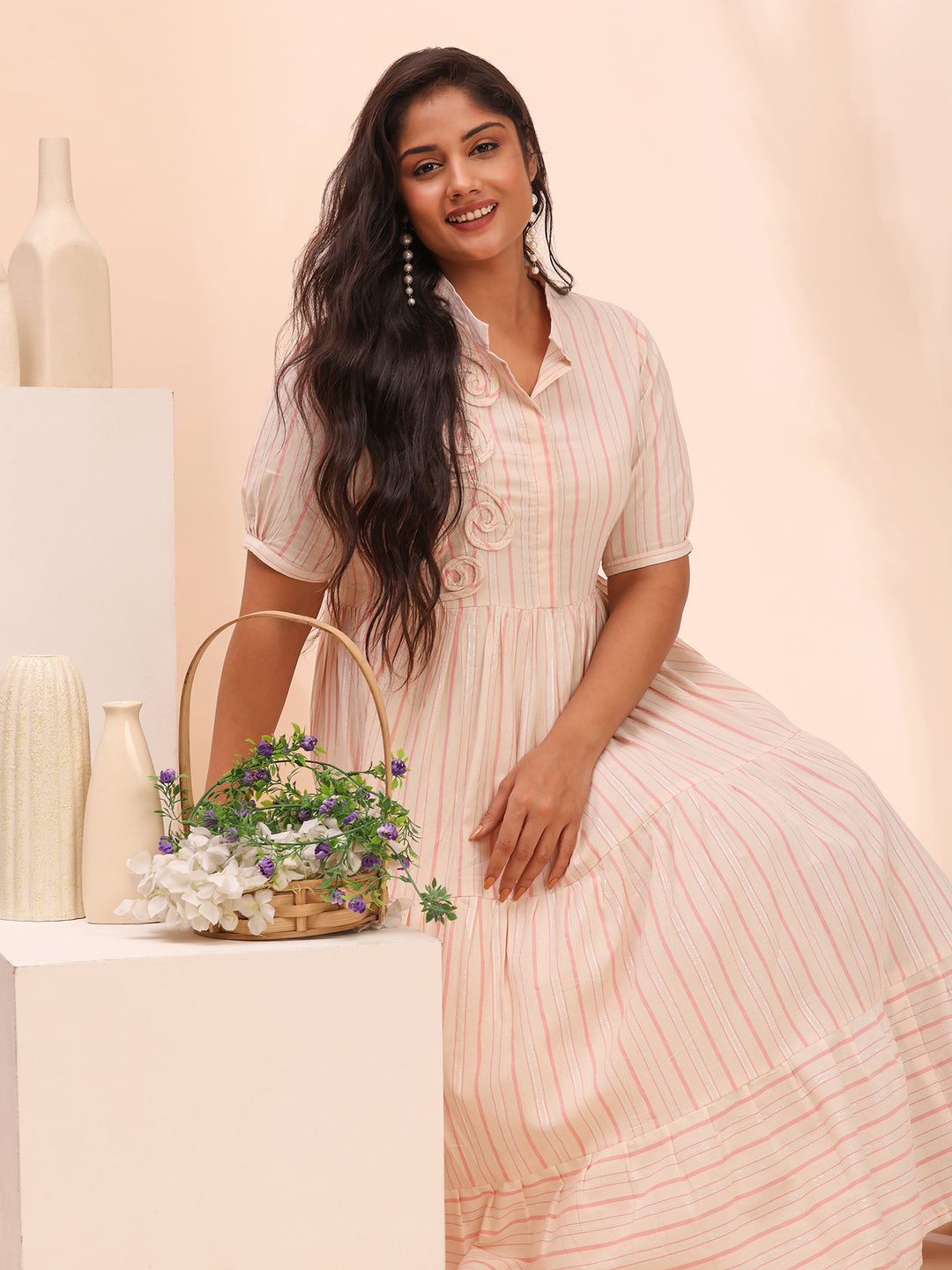 Pink Cotton Tiered  Dress for Women