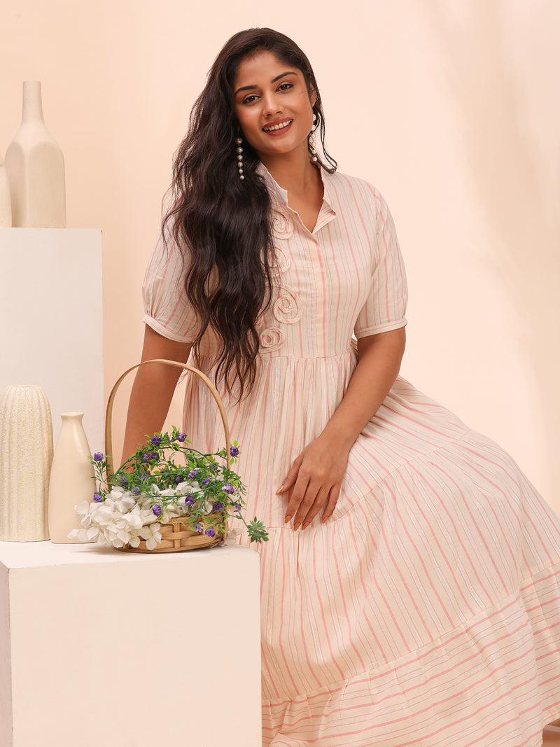 Pink Cotton Tiered  Dress for Women