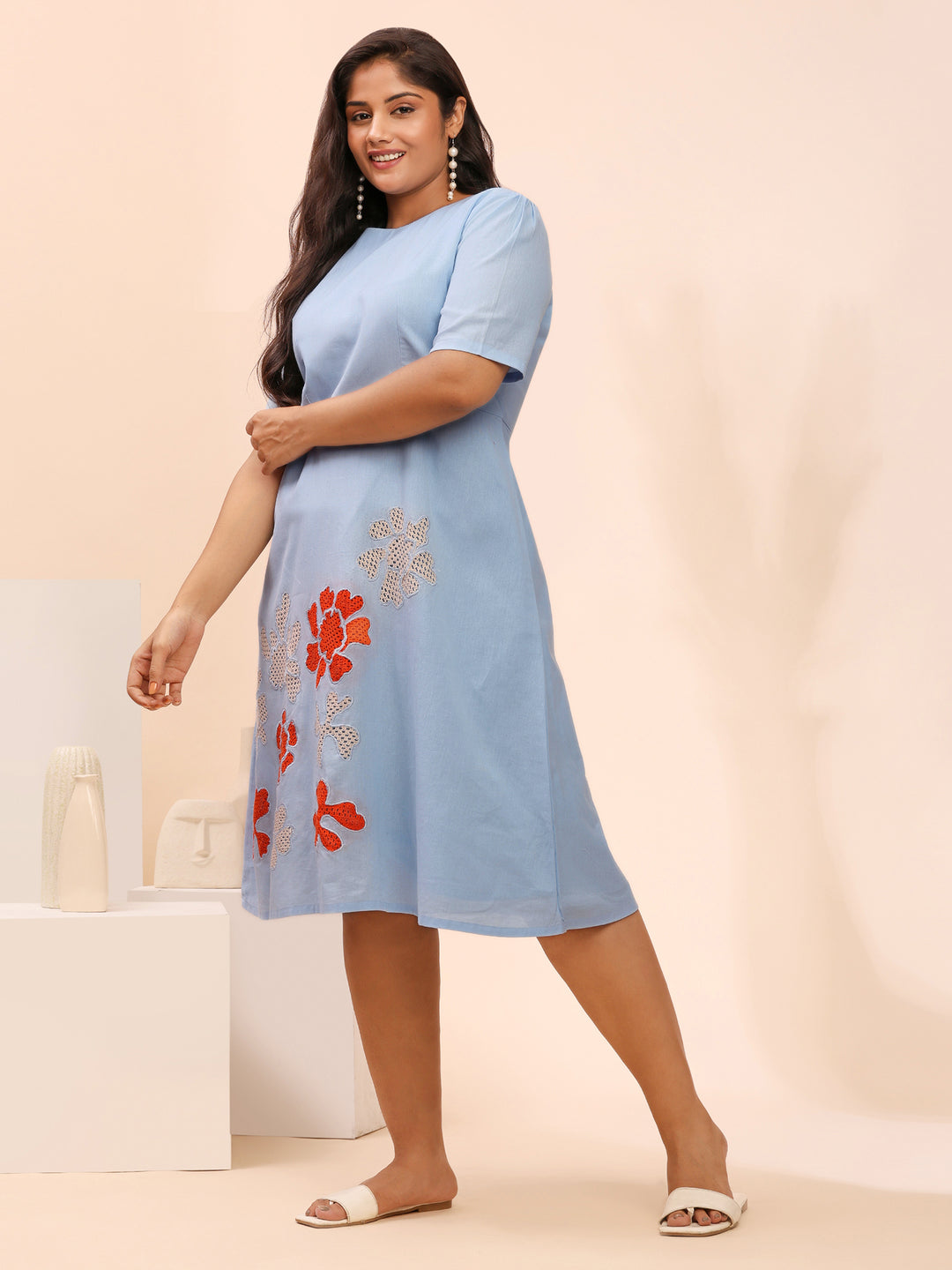 Sky Blue Cotton Dress with Floral Patchwork