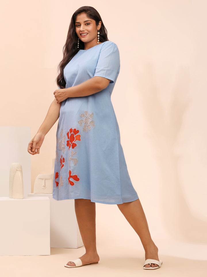 Sky Blue Cotton Dress with Floral Patchwork
