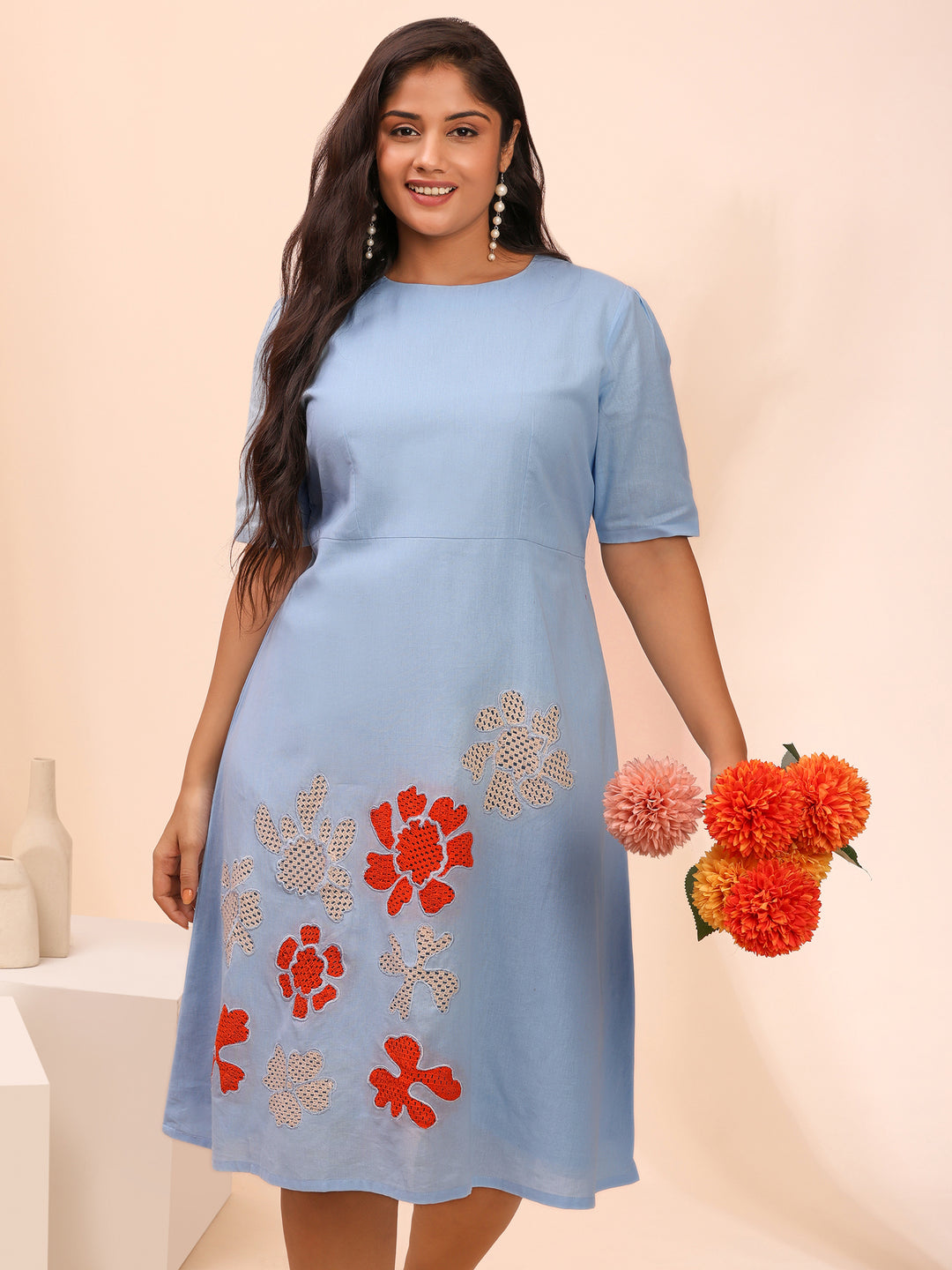 Sky Blue Cotton Dress with Floral Patchwork