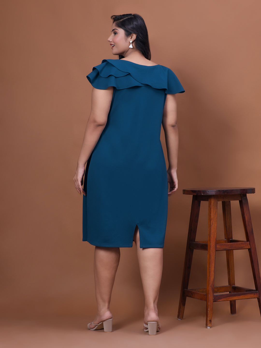 Teal Blue Off Shoulder A-Line Party Wear Dress