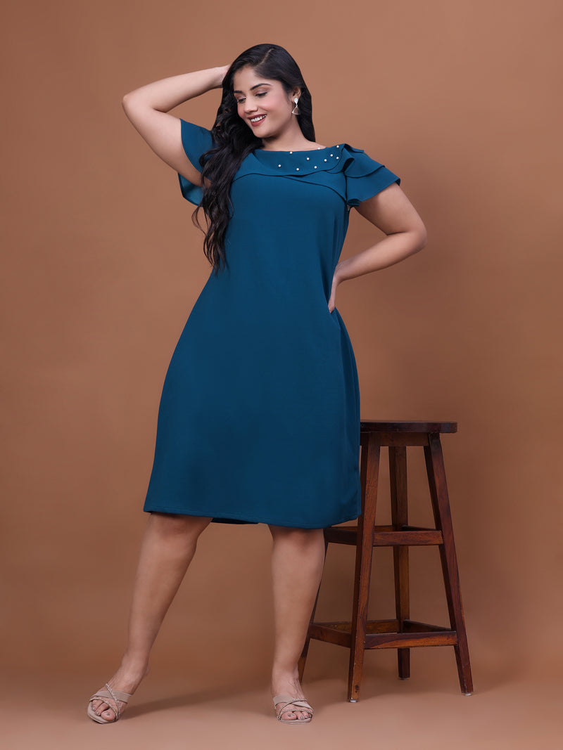Teal Blue Off Shoulder A-Line Party Wear Dress