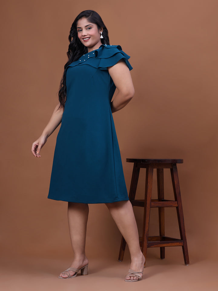 Teal Blue Off Shoulder A-Line Party Wear Dress