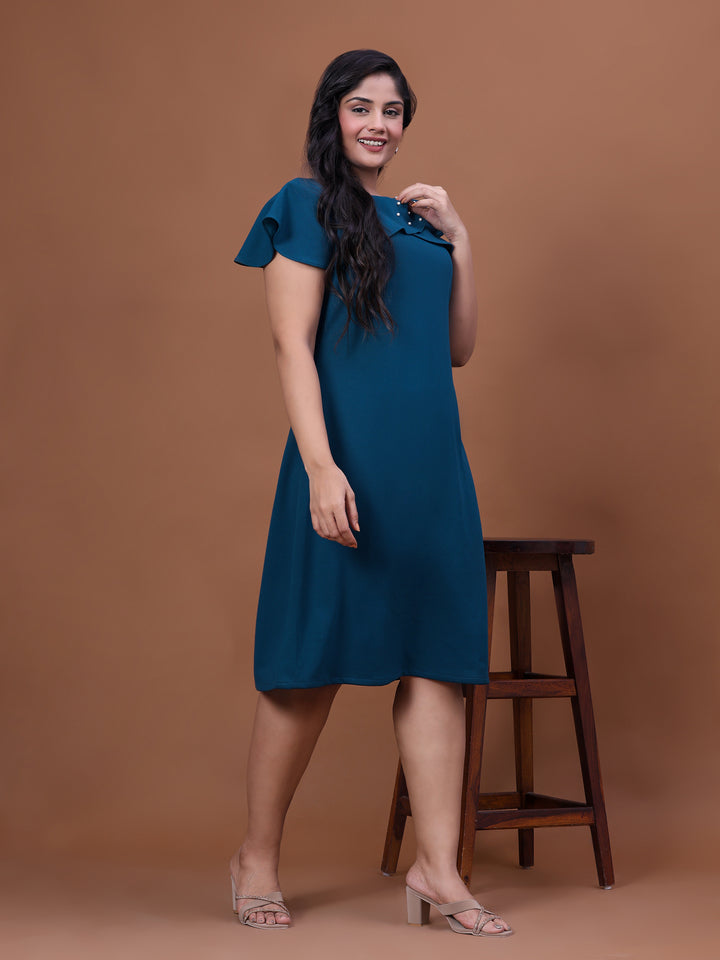 Teal Blue Off Shoulder A-Line Party Wear Dress