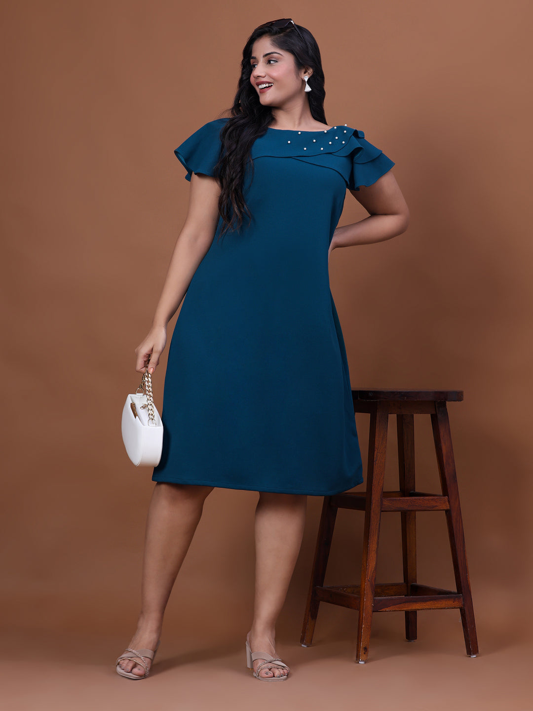 Teal Blue Off Shoulder A-Line Party Wear Dress