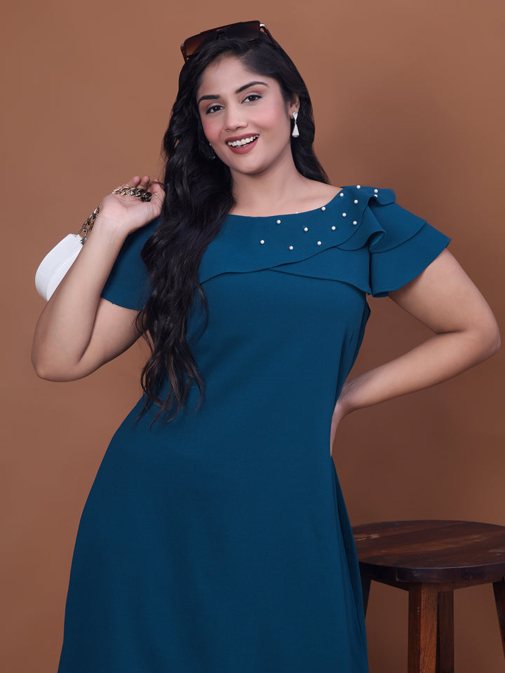 Teal Blue Off Shoulder A-Line Party Wear Dress