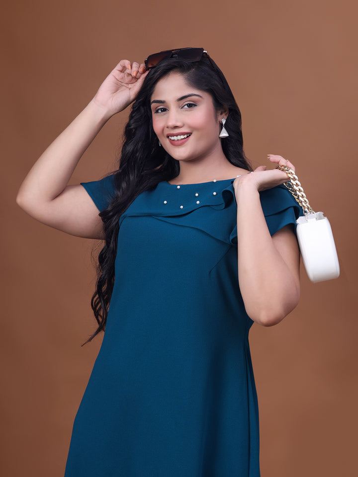 Teal Blue Off Shoulder A-Line Party Wear Dress