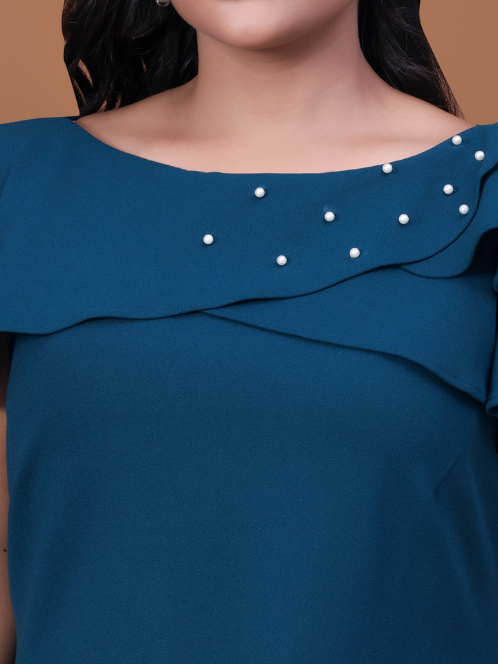 Teal Blue Off Shoulder A-Line Party Wear Dress