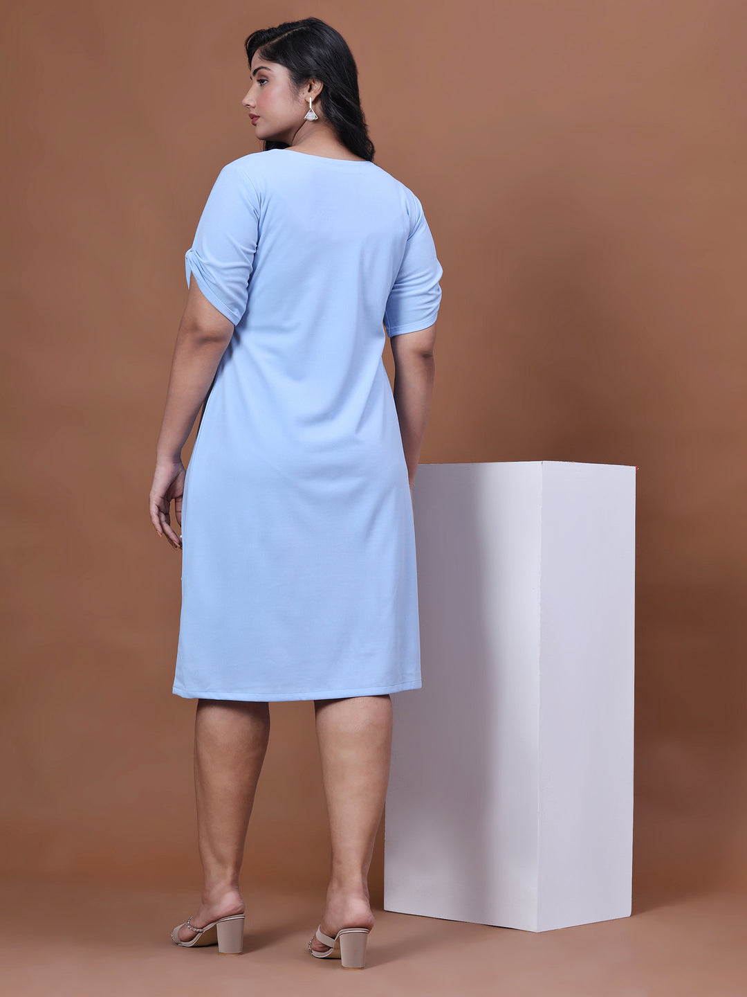 Sky Blue Solid Party Wear Dress for Women with V-Neck
