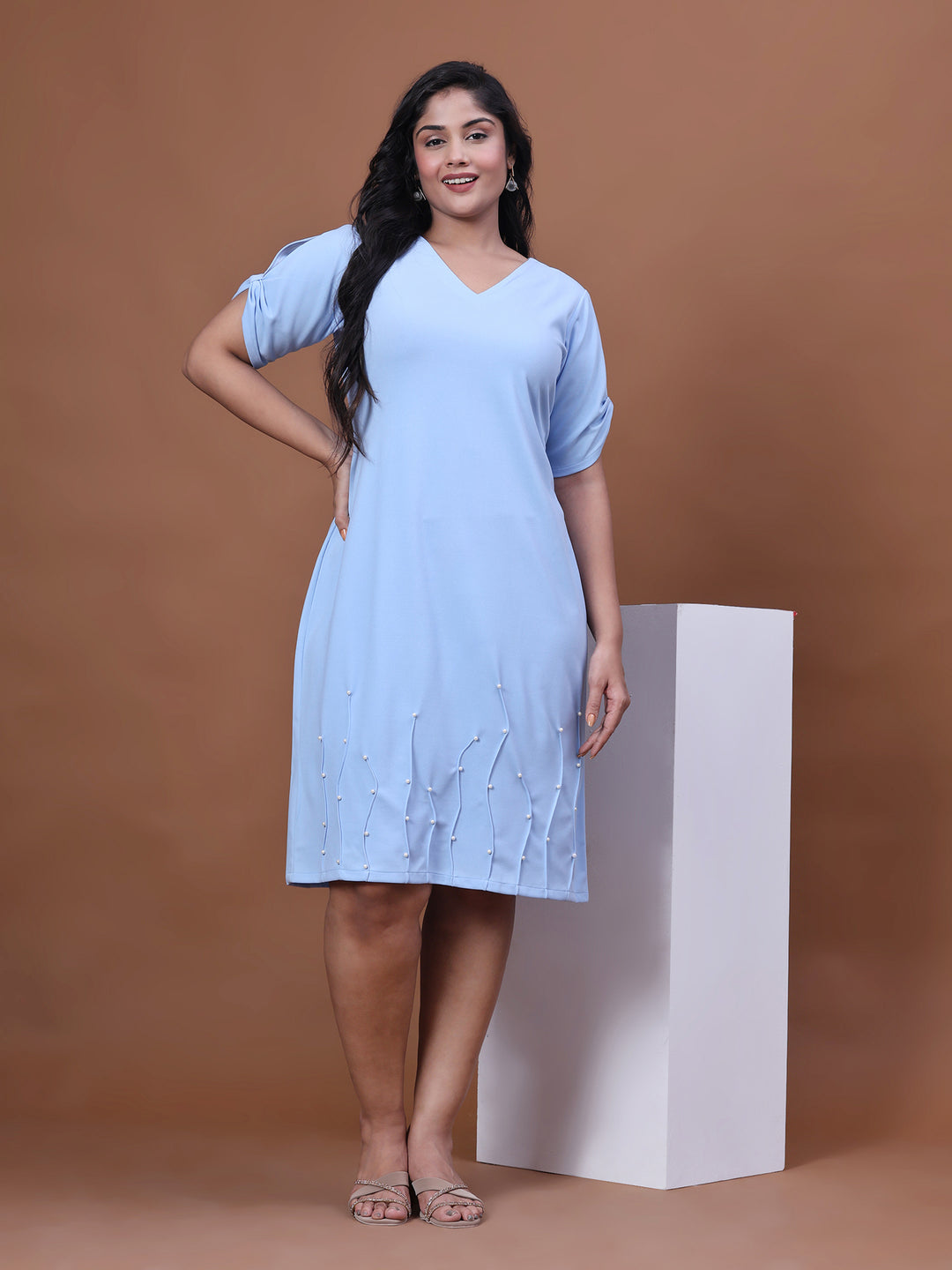 Sky Blue Solid Party Wear Dress for Women with V-Neck
