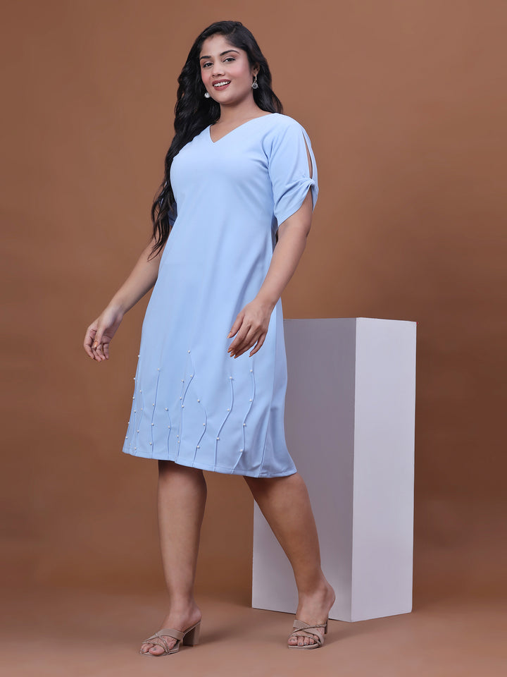 Sky Blue Solid Party Wear Dress for Women with V-Neck