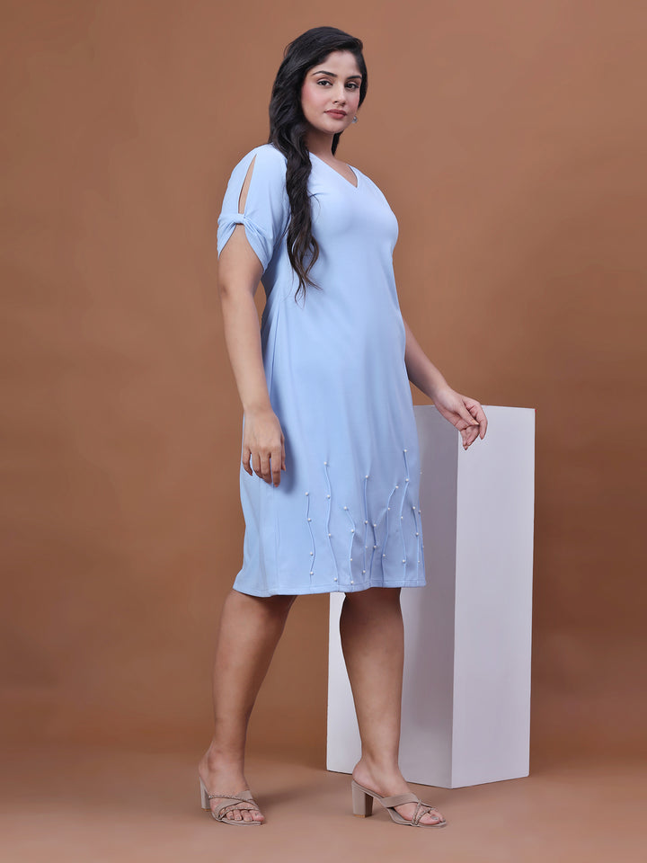 Sky Blue Solid Party Wear Dress for Women with V-Neck