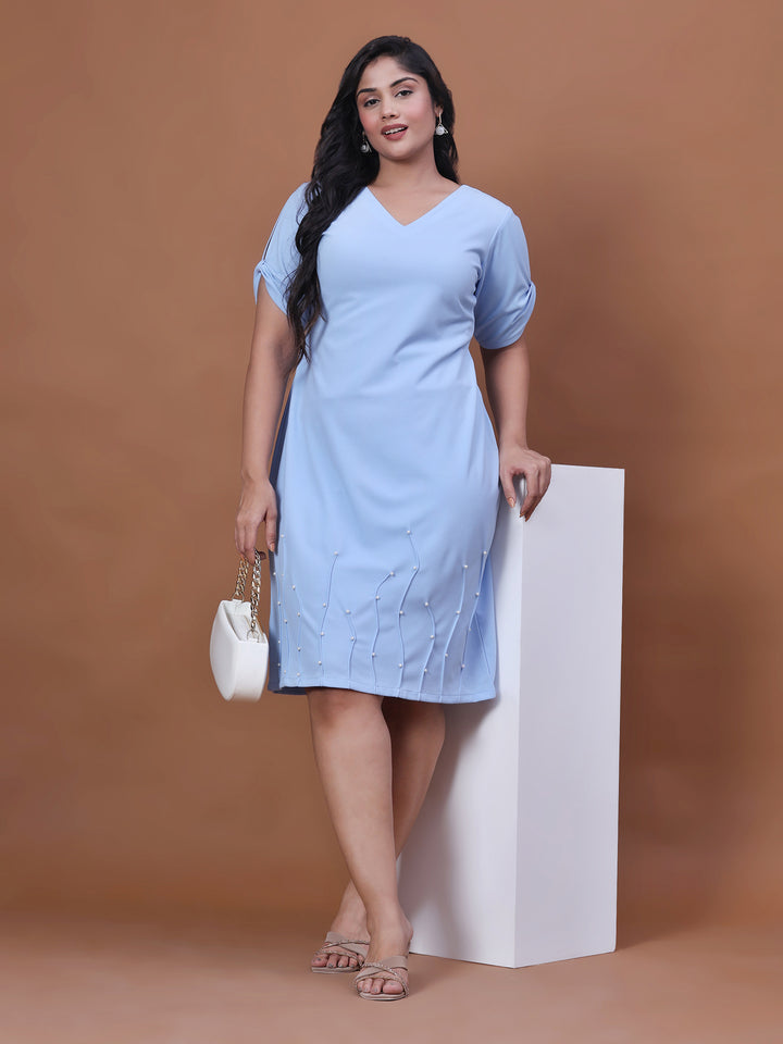 Sky Blue Solid Party Wear Dress for Women with V-Neck