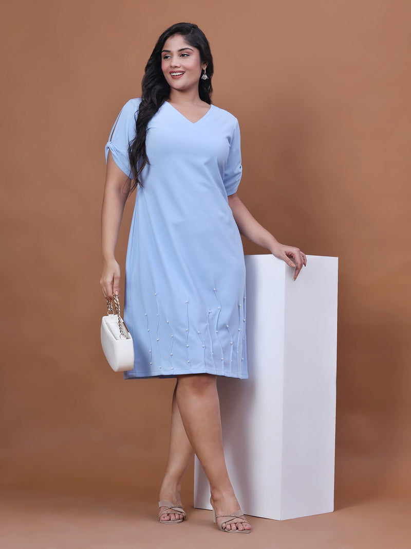 Sky Blue Solid Party Wear Dress for Women with V-Neck