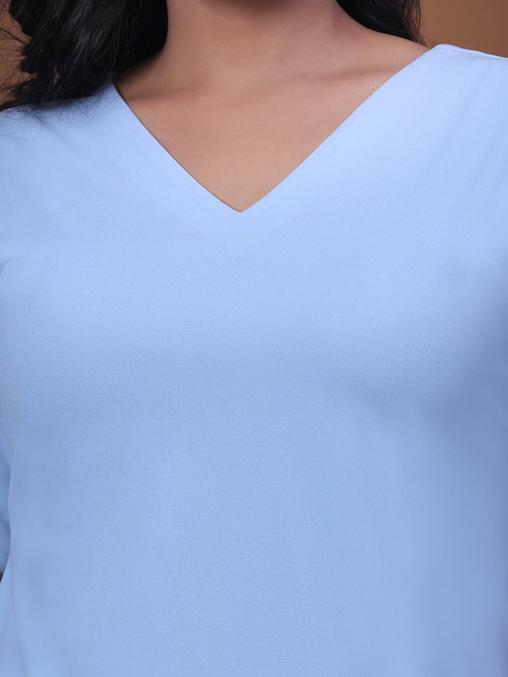 Sky Blue Solid Party Wear Dress for Women with V-Neck