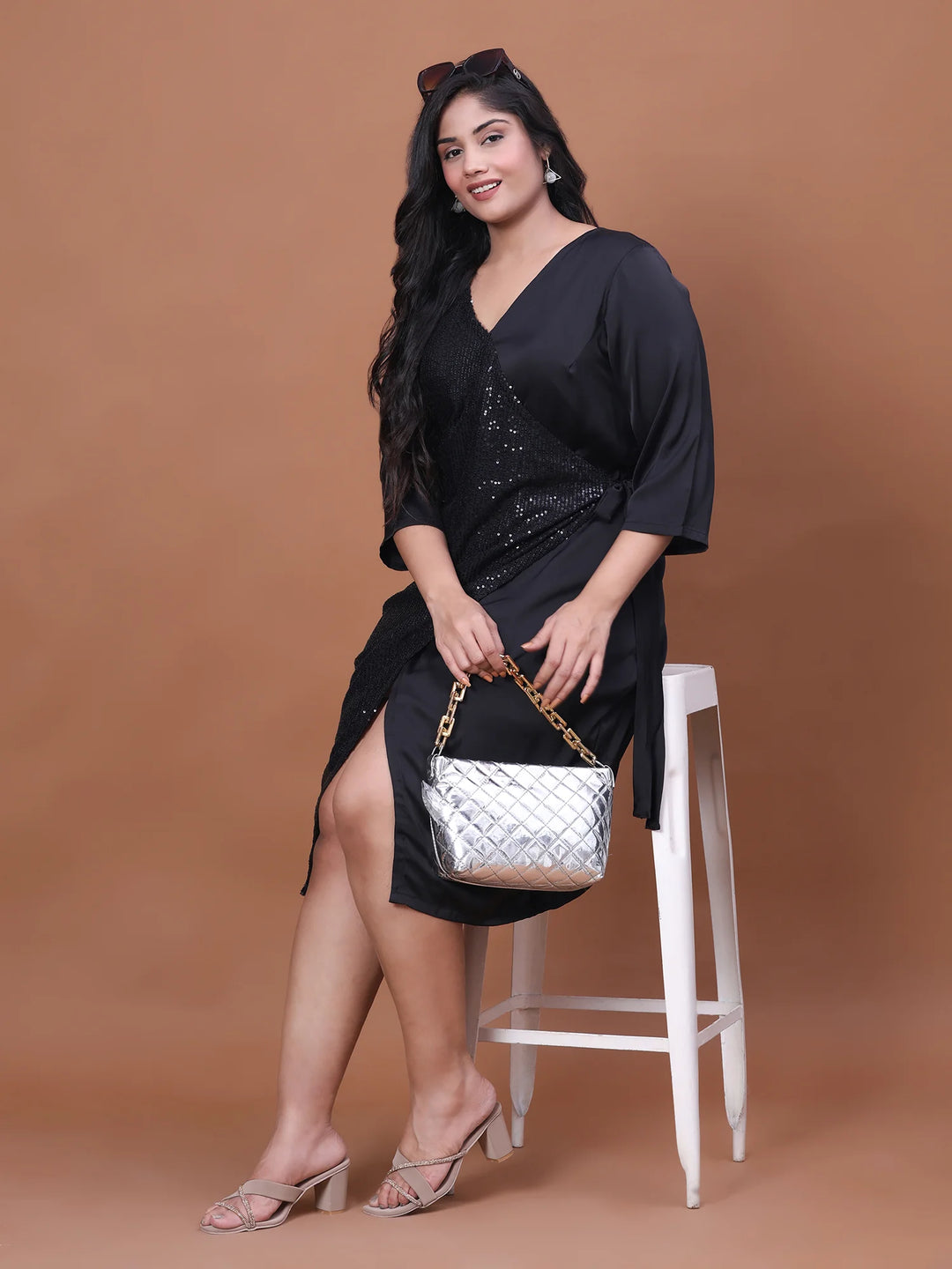 Curvy Lane Black Sequin Velvet Satin Overlap Party Dress With Straight Cut Look