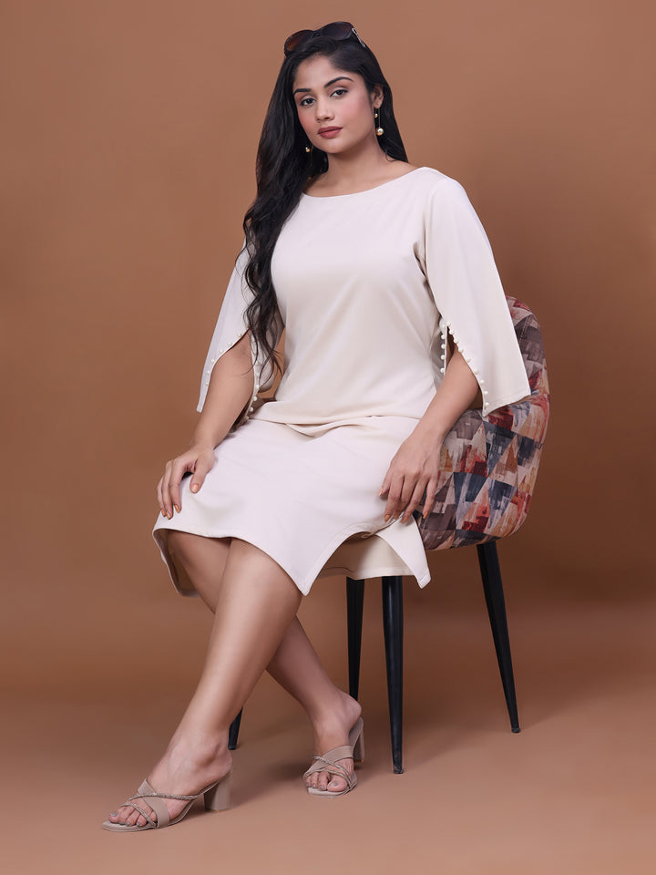 Pearl White Boat Neck Bell Sleeve Party Wear Dress