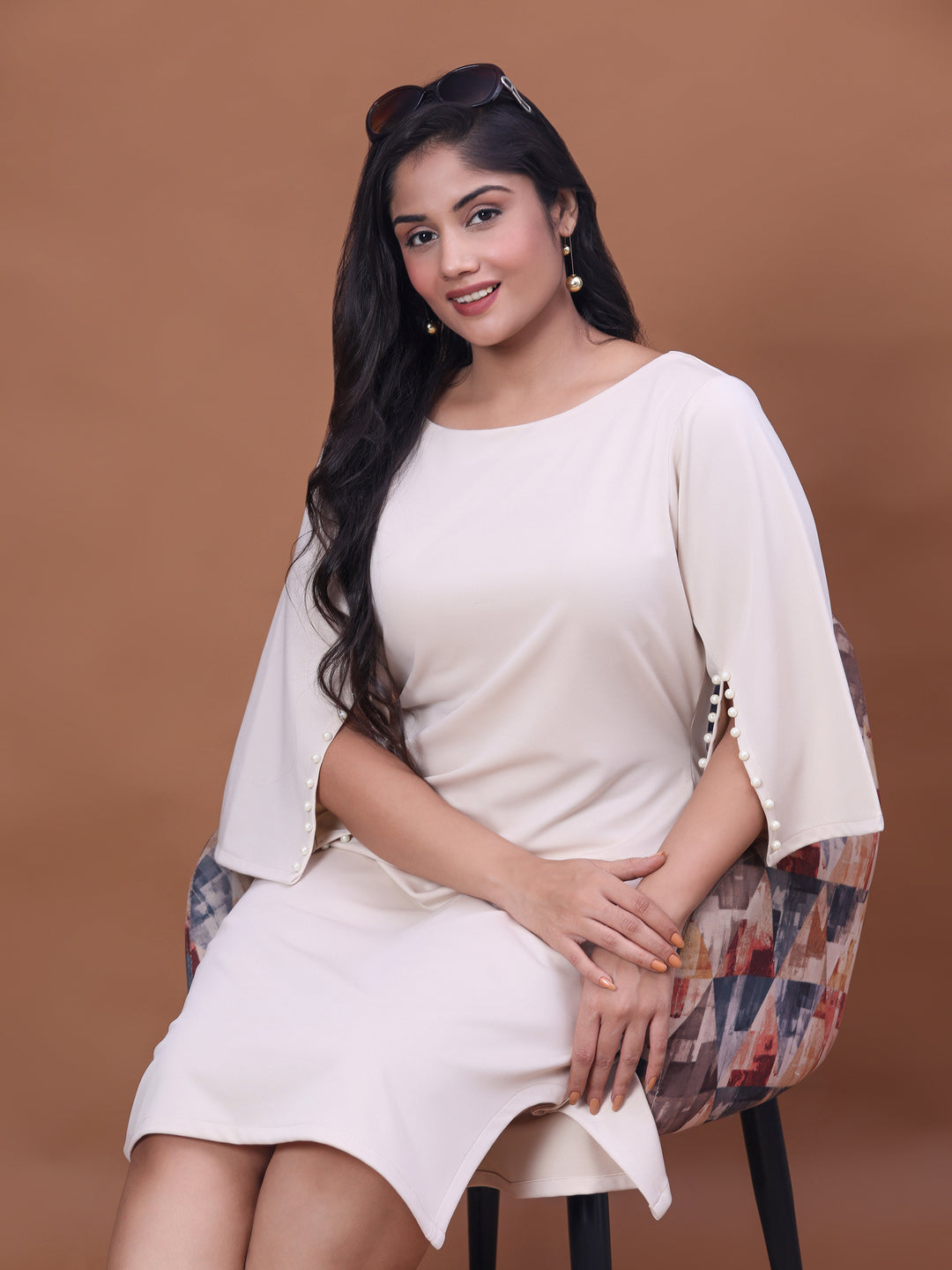 Pearl White Boat Neck Bell Sleeve Party Wear Dress