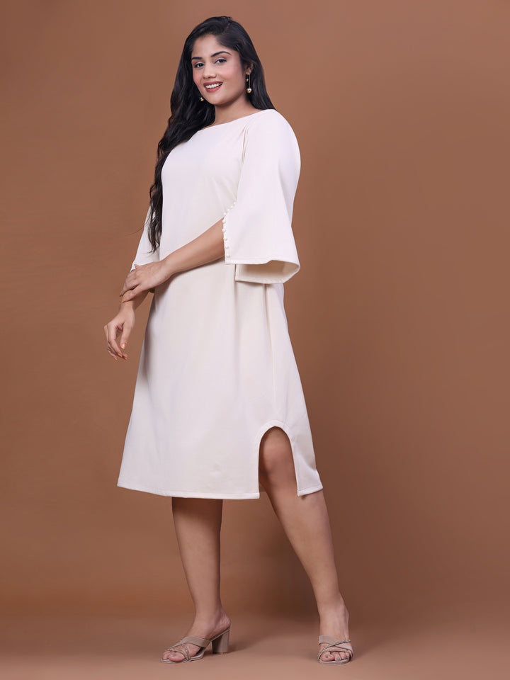 Pearl White Boat Neck Bell Sleeve Party Wear Dress