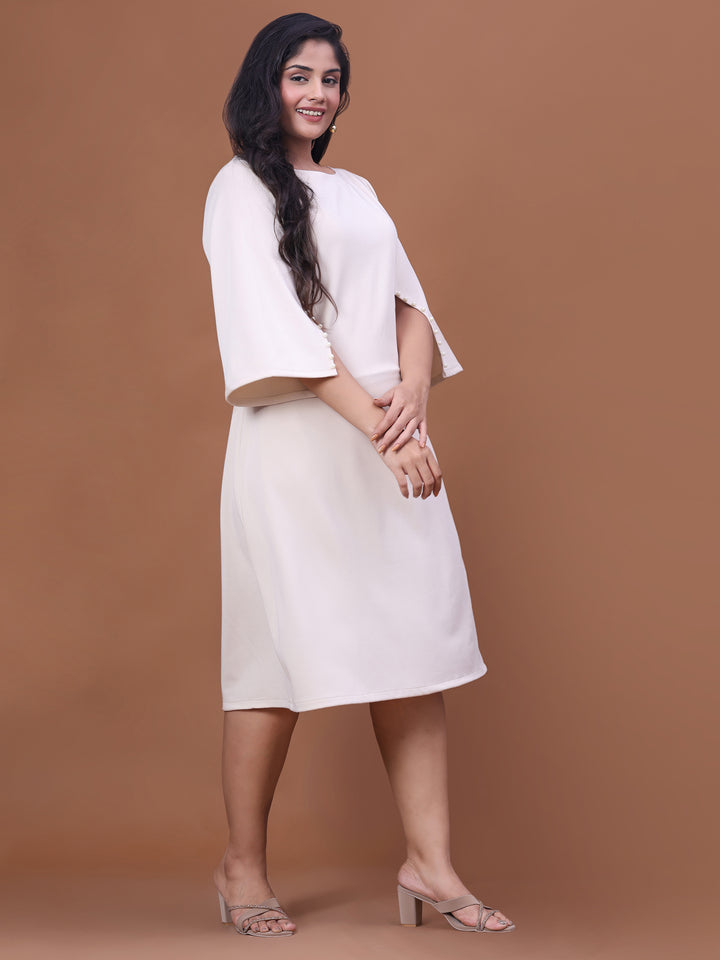 Pearl White Boat Neck Bell Sleeve Party Wear Dress