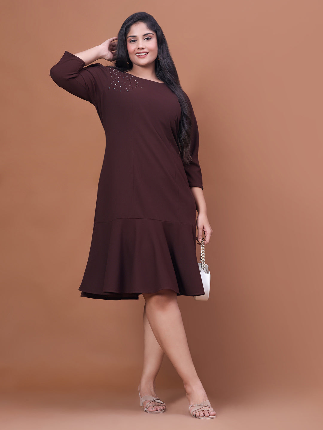 Curvy Lane Brown Straight Party Wear Dress