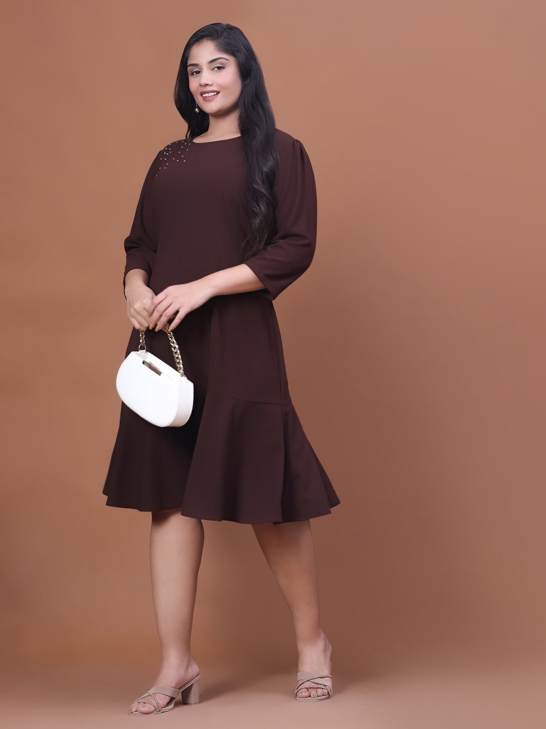 Curvy Lane Brown Straight Party Wear Dress