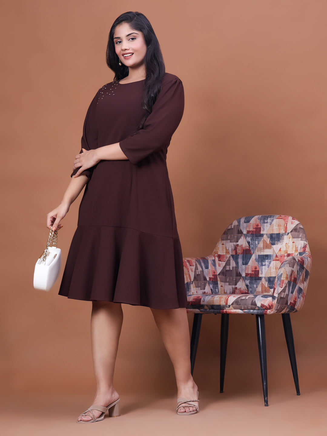 Curvy Lane Brown Straight Party Wear Dress