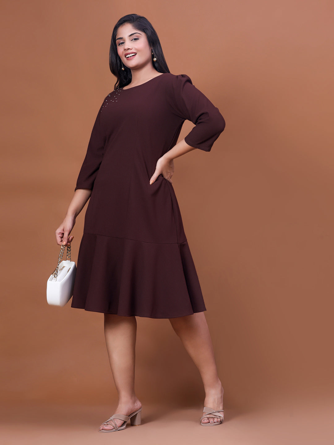 Curvy Lane Brown Straight Party Wear Dress