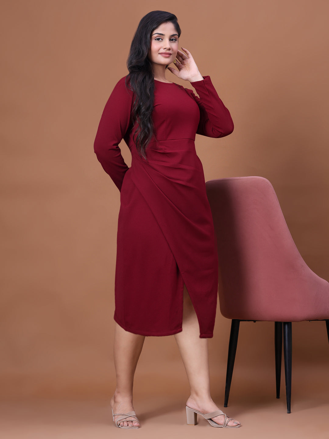 Maroon lycra party wear dress hand work